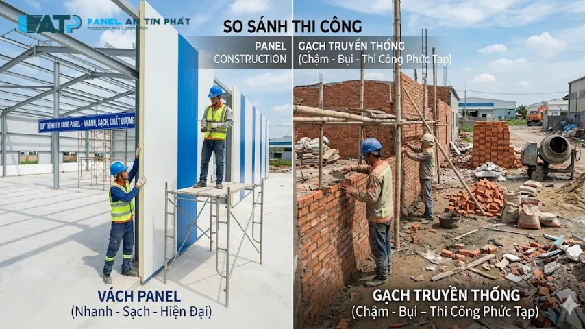 Ảnh thợ đang thi công vách Panel siêu nhanh, sạch sẽ hoặc ảnh so sánh công trình Panel vs công trình gạch