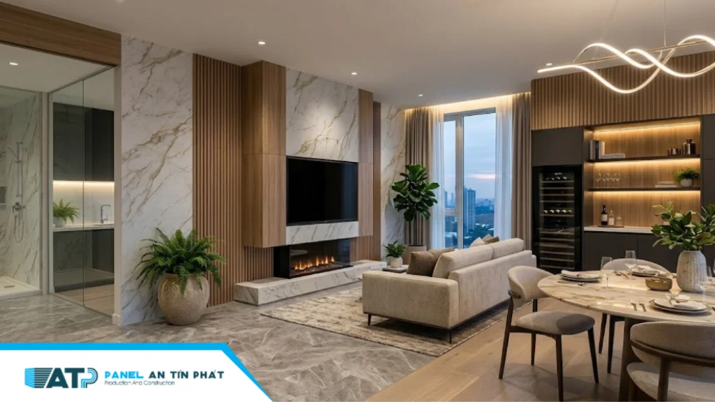 Không gian phòng khách hiện đại bừng sáng nhờ sự kết hợp hoàn hảo giữa Tấm nhựa PVC vân đá cẩm thạch và lam sóng nhựa màu gỗ. Độ bóng cao của lớp UV trên tấm vân đá giúp bắt ánh sáng đèn LED, tạo điểm nhấn liền mạch và sang trọng bậc nhất cho khu vực vách tivi.