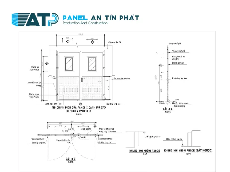 Cấu tạo cửa panel phòng sạch 2 cánh