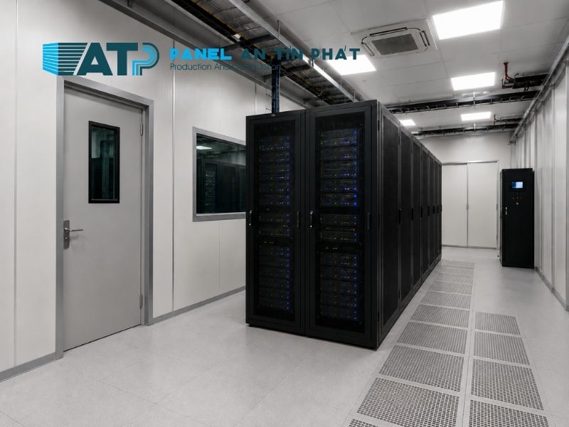 Phòng data center sử dụng vách panel Rockwool, có tủ rack server, sàn kỹ thuật, hệ điều hòa chính xác và hành lang kỹ thuật