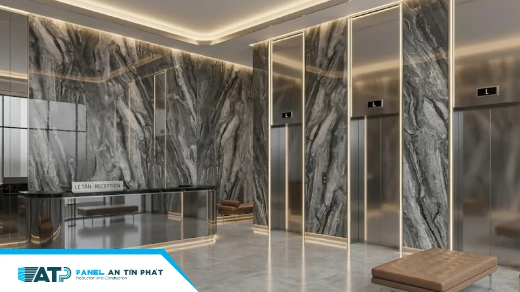 Quầy lễ tân, thang máy khách sạn ốp tấm pvc giả đá cẩm thạch , kết hợp đèn led hắt sáng màu vàng sang trọng 