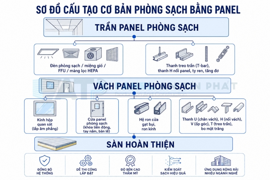 Sơ đồ cấu tạo phòng sạch bằng panel gồm vách trần cửa kính hộp và phụ kiện Sơ đồ cấu tạo phòng sạch bằng panel gồm vách trần cửa kính hộp và phụ kiện