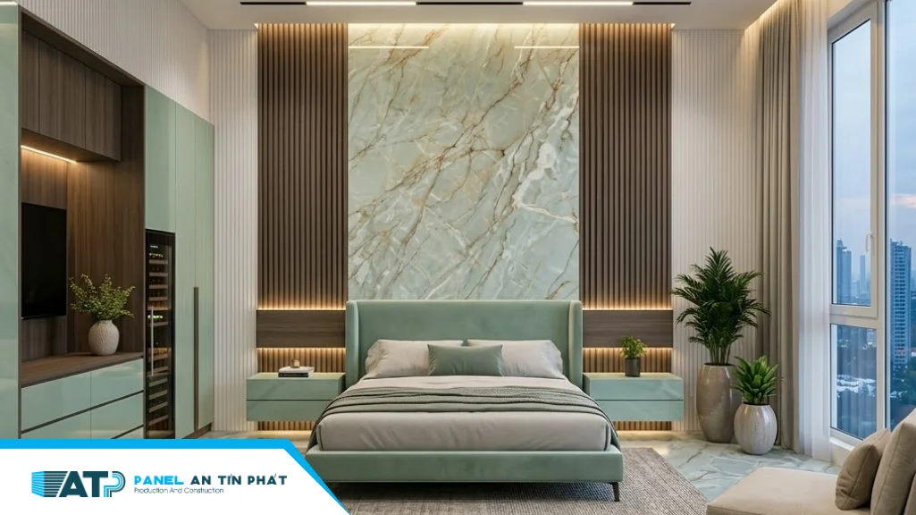 Không gian phòng ngủ hiện đại nhờ sự kết hợp hoàn hảo giữa Tấm nhựa PVC vân đá cẩm thạch và lam sóng nhựa màu gỗ. Độ bóng cao của lớp UV trên tấm vân đá giúp bắt ánh sáng đèn LED, tạo không gian ấm cúng thoải mái khi ngủ.