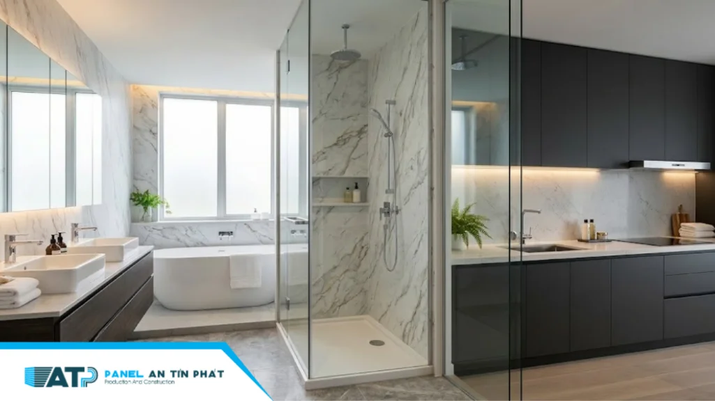 Giải pháp tối ưu cho khu vực ẩm ướt với Tấm PVC vân đá ốp tường nhà tắm chống thấm. Bề mặt phẳng mịn, không có lỗ rỗng li ti như đá thật giúp gia chủ dễ dàng lau chùi váng xà phòng, dầu mỡ, giữ cho không gian vệ sinh và bếp luôn sạch sẽ, sáng bóng.