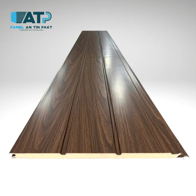 cận cảnh bề mặt tấm ốp hợp kim nhôm kẽm cách nhiệt, được dập nổi 3D với nhiều hoa văn như tấm ốp kim loại vân gỗ / vân đá / vân gạch và phủ sơn tĩnh điện độ bền cao.