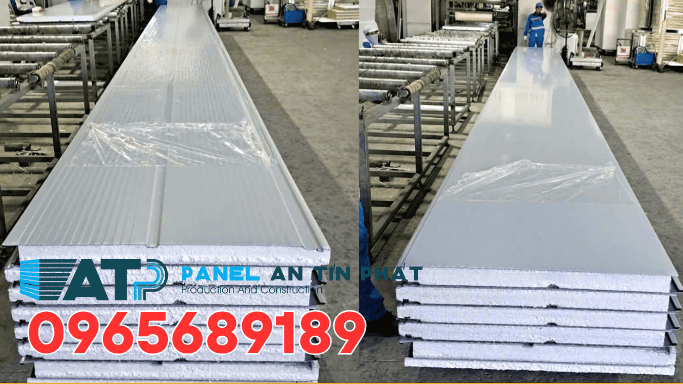 Chi tiết cấu tạo panel EPS vách ngoài An Tín Phát: Tôn mạ AZ, lõi EPS tỷ trọng cao, keo PU
